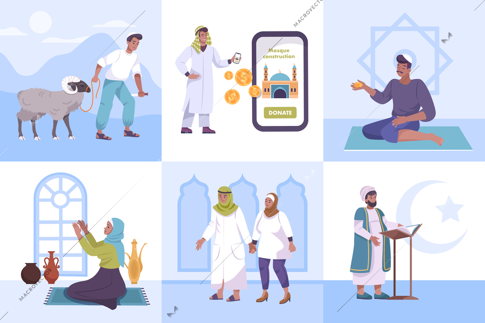 Islam set of six square compositions with flat human characters of prayers muslim symbols and smartphone vector illustration