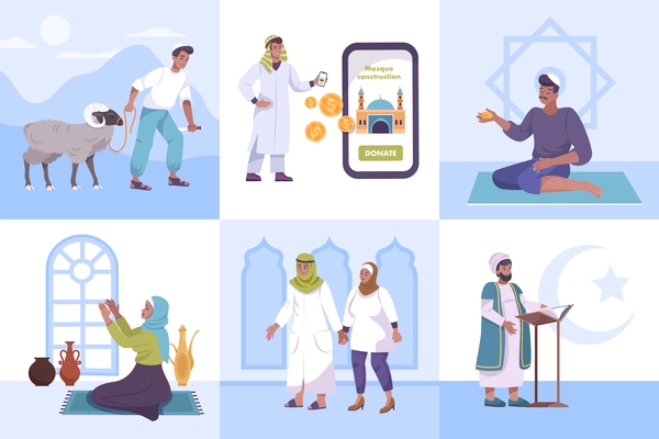 Islam set of six square compositions with flat human characters of prayers muslim symbols and smartphone vector illustration