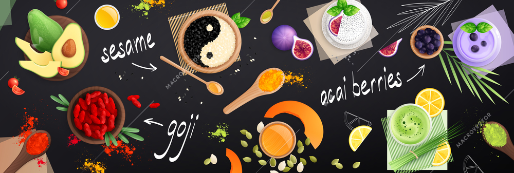 Superfood flat horizontal background with composition of chalkboard text captions dishes spices berries and fruit slices vector illustration