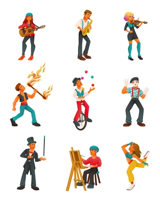 Street performer artist musician dancer cartoon set of isolated icons with characters of talents at work vector illustration