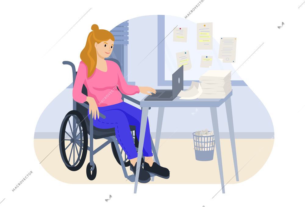 Disable people lifestyle flat composition with character of woman in wheelchair working at table with laptop vector illustration