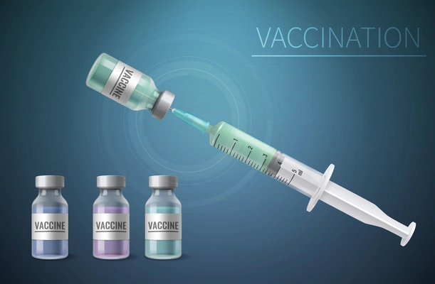 Vaccination realistic design concept with three phial of vaccine and syringe filling with medical solution vector illustration