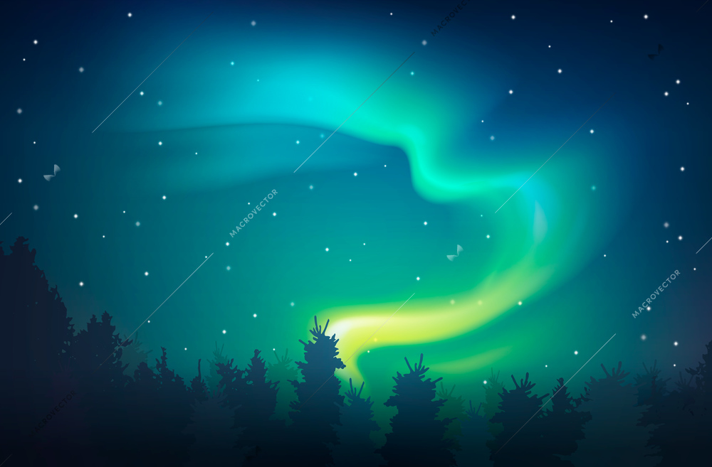 Shining aurora effect in arctic night starry sky colored  background realistic vector illustration