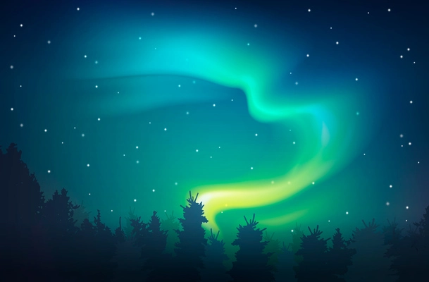 Shining aurora effect in arctic night starry sky colored  background realistic vector illustration