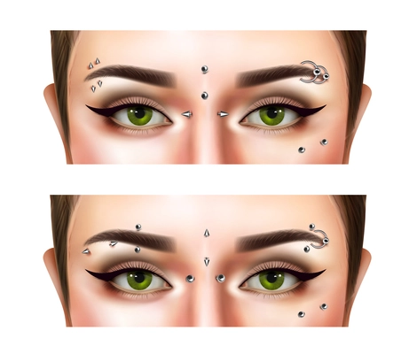 Female face with eyebrow piercing and green eyes realistic horizontal banners set on white background isolated vector illustration