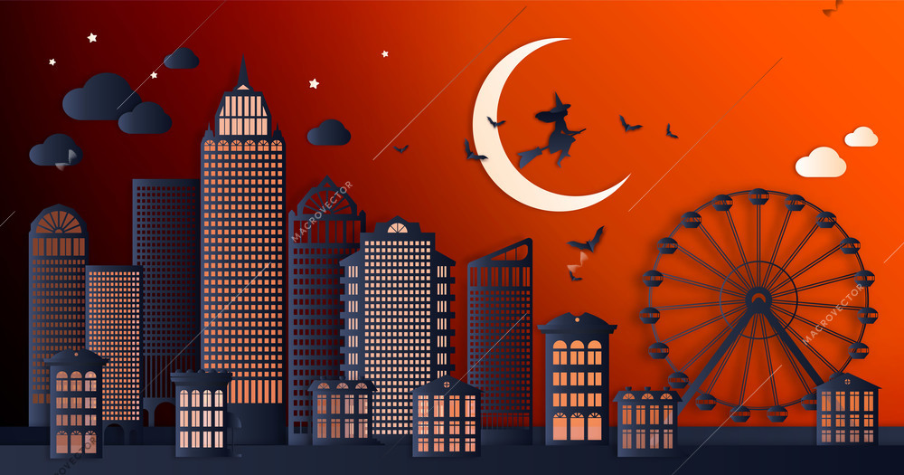 Paper city elements composition with red sky background and cityscape with skyscrapers and moon in sky vector illustration