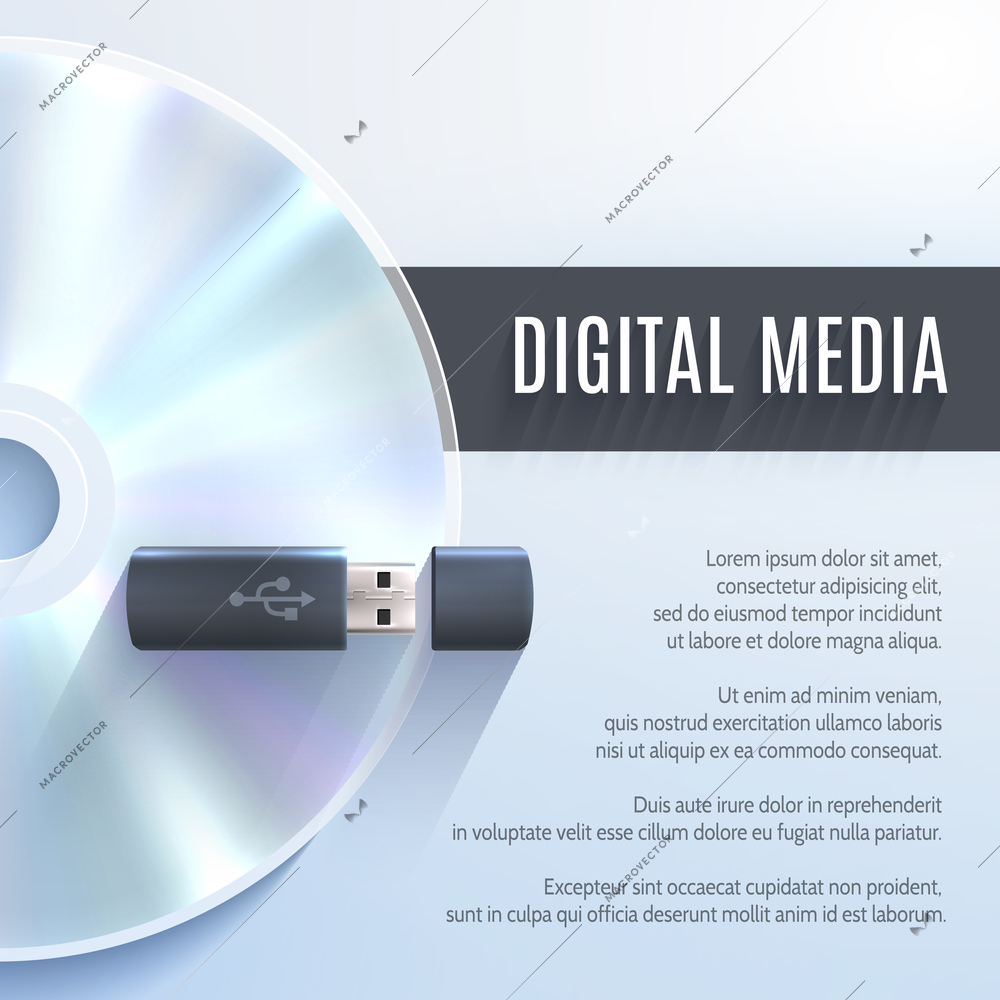 Usb flash drive realistic device with cd digital media background vector illustration