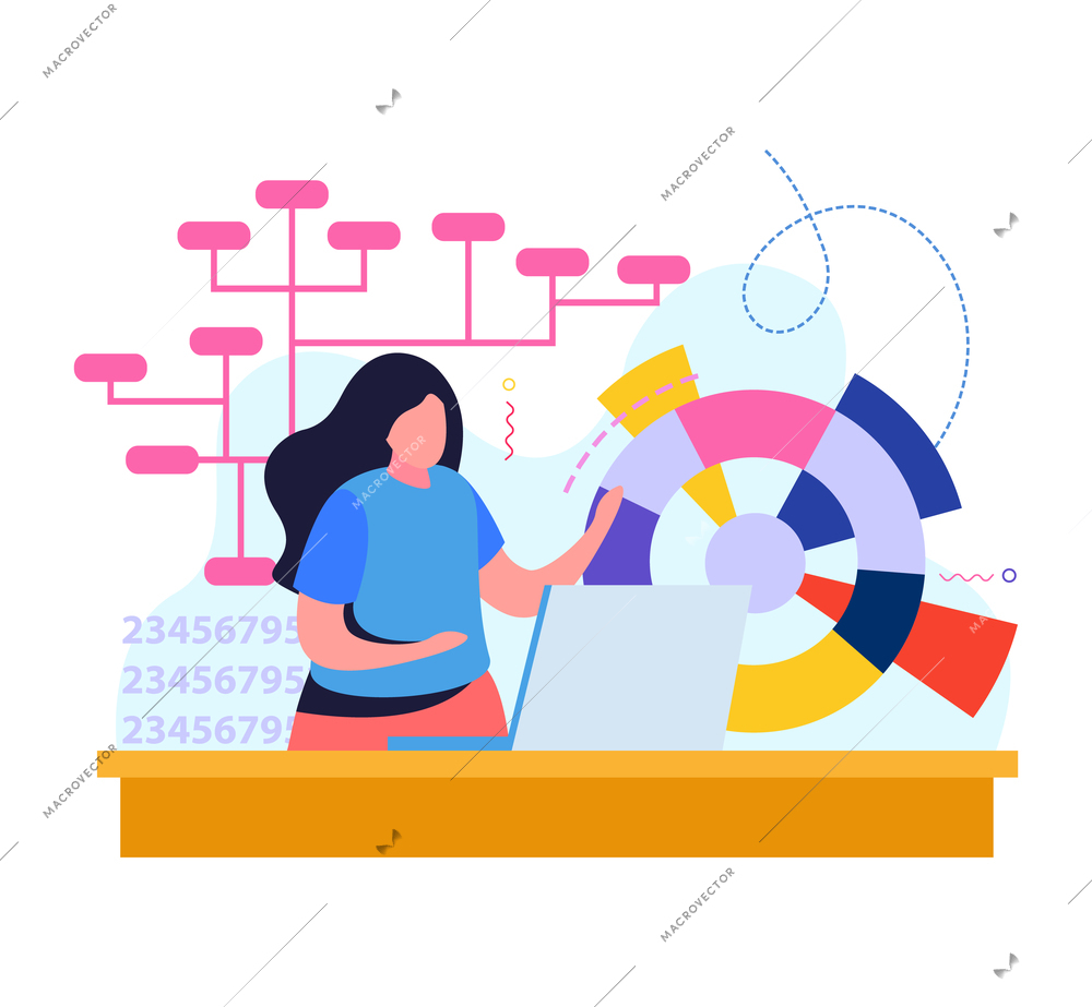 Mind behavior flat background woman in front of her laptop working on a presentation with graphs numbers and tables vector illustration