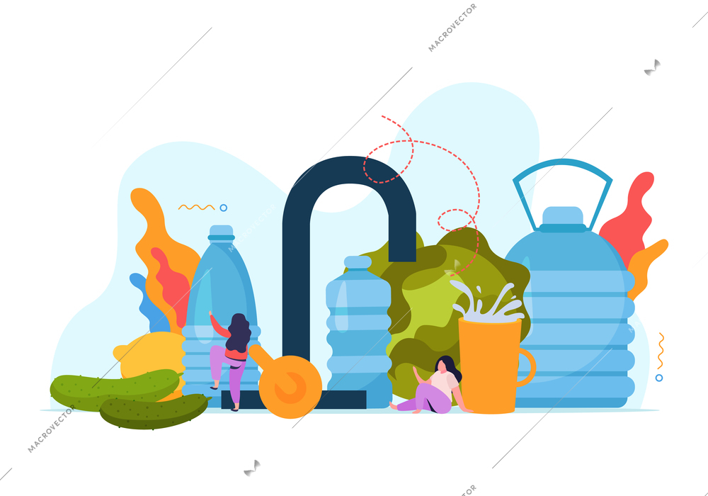 Flat drink water concept abstract situation with little people and huge bottles of water and healthy food vector illustration