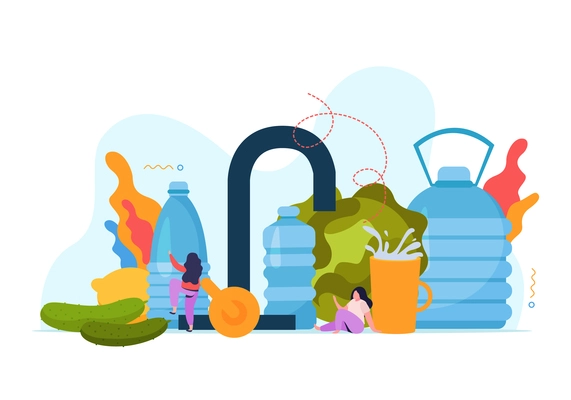 Flat drink water concept abstract situation with little people and huge bottles of water and healthy food vector illustration