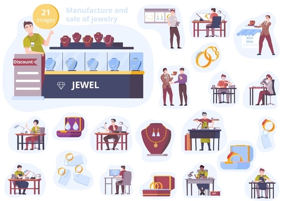 Manufacture and sale of jewelry flat icons set of craftsman in workplace and seller behind the counter vector illustration