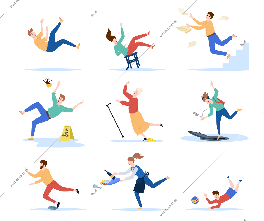 Falling people flat set with stumbling slipping women men child elderly lady isolated vector illustration