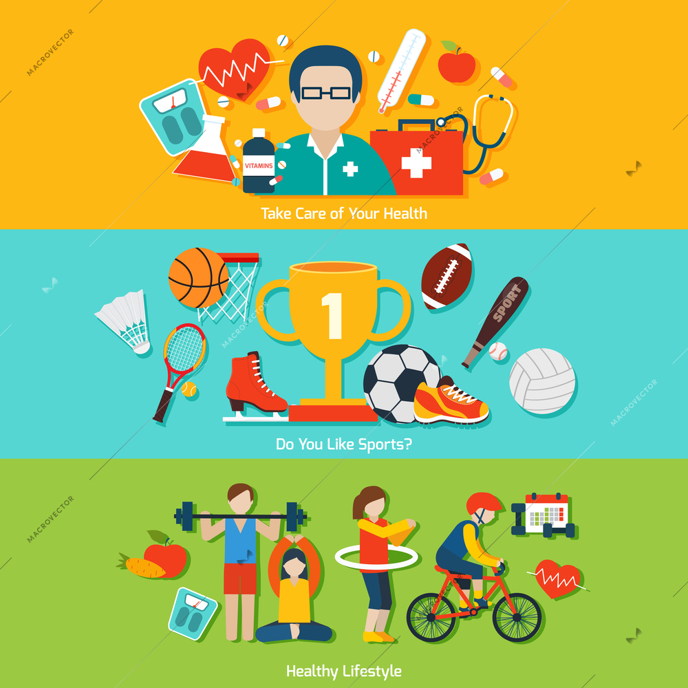 Sport flat banners set with health care and healthy lifestyle elements isolated vector illustration