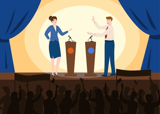 Male and female candidates participating in debates on stage in front of audience flat vector illustration
