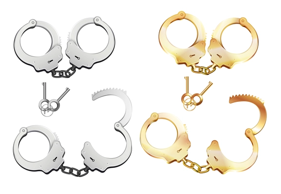 Handcuffs realistic set with isolated images of golden and silver wristbands with open and locked chain vector illustration