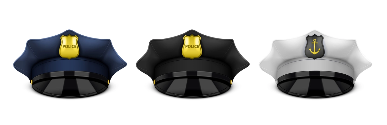 Set of three isolated police sailor hat realistic icons with caps and visors on blank background vector illustration