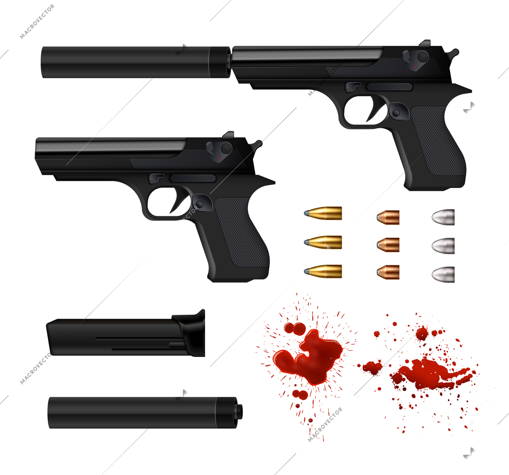 Pistol gun flash realistic set with bullets of different size blood splatter and isolated weapon parts vector illustration