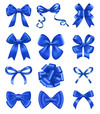 Realistic bow ribbon set with isolated images of ornate blue bows with reflections on blank background vector illustration