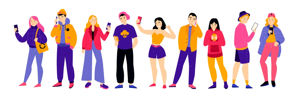 People with smartphones making selfie  calling by telephone charting in social media horizontal illustration isolated vector illustration