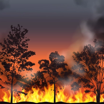 Forest fire realistic background with with burning trees smoke and red glow in night  sky vector illustration