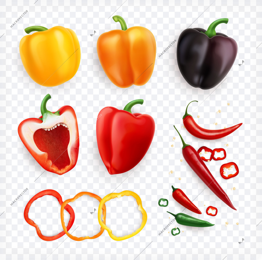 Pepper realistic set on transparent background with isolated images of ring slices and whole colorful fruits vector illustration