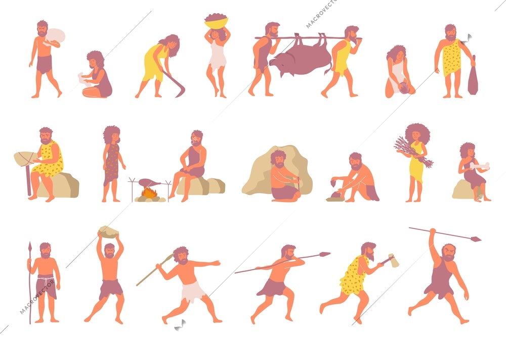 Set with isolated primitive people flat icons with men and women in ancient outfits with tools vector illustration