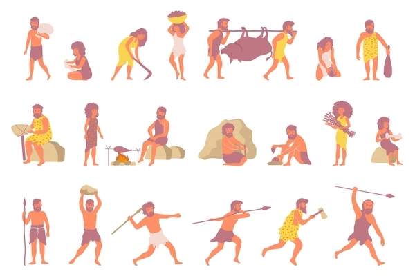 Set with isolated primitive people flat icons with men and women in ancient outfits with tools vector illustration