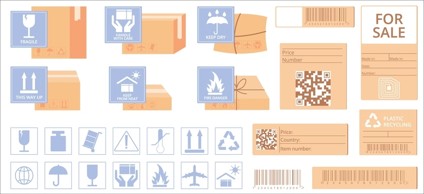 Flat cargo stickers set with rfid qr bar codes and cardboard boxes isolated on white background vector illustration