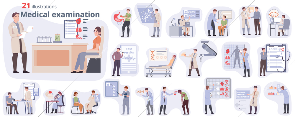 Flat medicine compositions set with doctors and patients taking medical examination in modern clinic isolated vector illustration