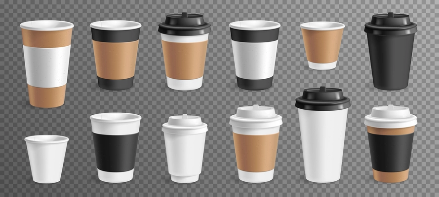 Coffee cups and holder realistic transparent set isolated vector illustration
