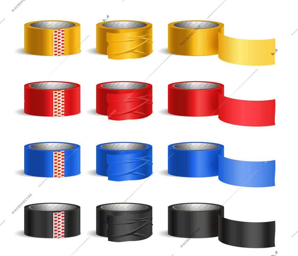 Tape roll bright colored pieces realistic set isolated vector illustration