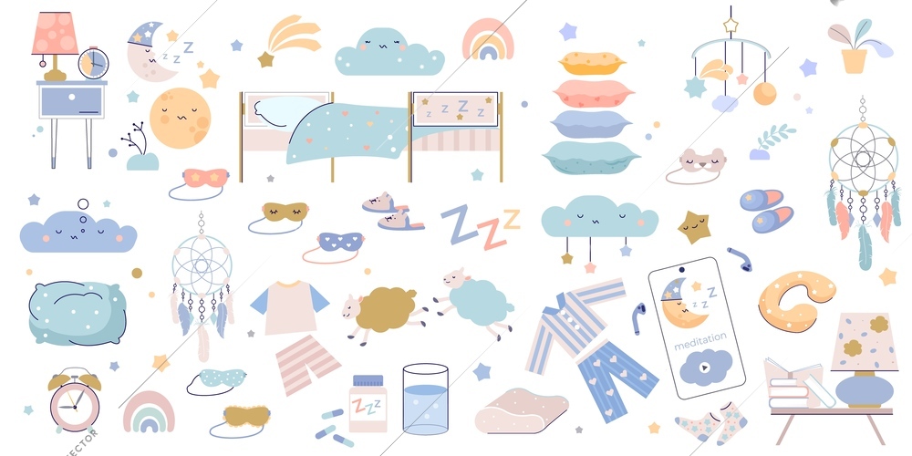 Sleeping set with flat isolated icons of bedroom furniture sleep accessories and pillows with alarm clock vector illustration