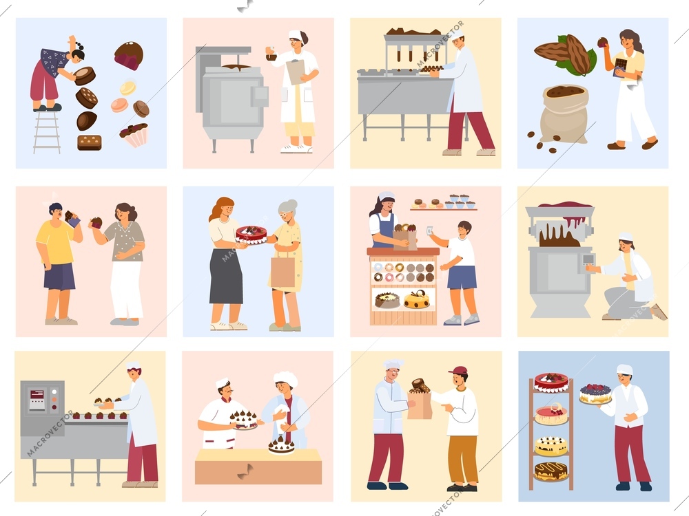 Sweet candy set of twelve square compositions with flat human characters cooking and eating confectionery products vector illustration