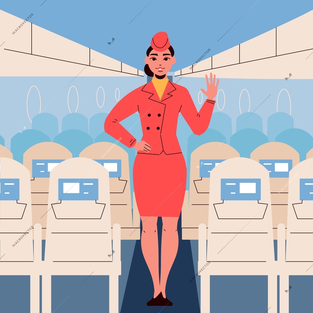 Stewardess in red uniform staying in aisle of aircraft cabin at empty seats background flat vector illustration