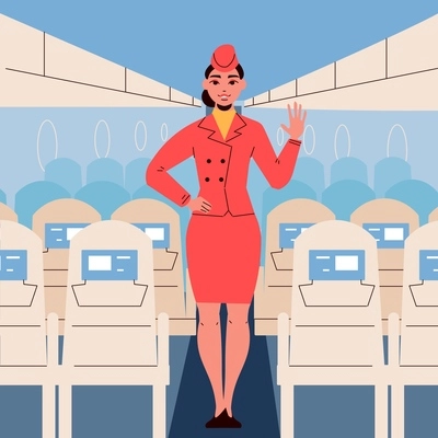 Stewardess in red uniform staying in aisle of aircraft cabin at empty seats background flat vector illustration