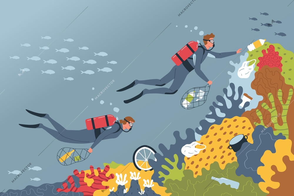 Ecology pollution sea composition with ocean bottom scenery with piles of garbage and two diving collectors vector illustration