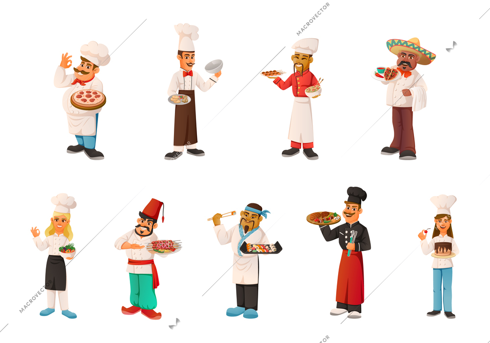 Chef cartoon set of man and woman characters holding trays with national dishes from different countries of world isolated vector illustration