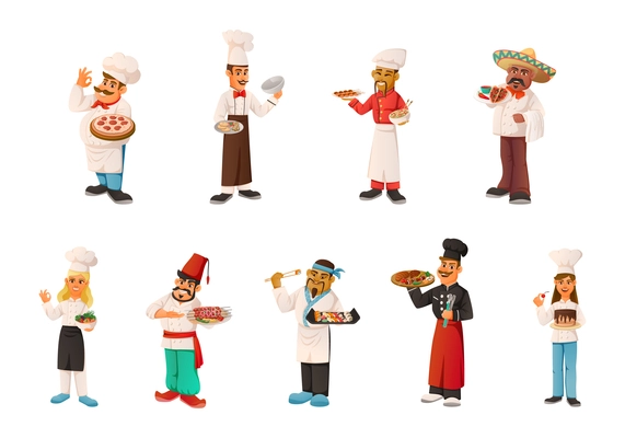 Chef cartoon set of man and woman characters holding trays with national dishes from different countries of world isolated vector illustration