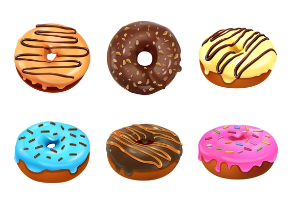 Six sweet doughnuts covered with multicolored glaze isolated icons on white background realistic vector illustration