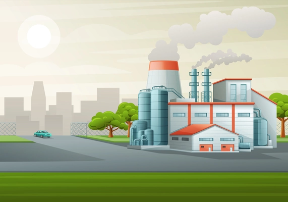 City landscape flat background with thermal power plant releasing clouds of smoke and steam into sky vector illustration