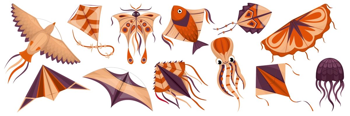 Wind kites big cartoon set of butterfly fish and octopus kite shape and design isolated vector illustration