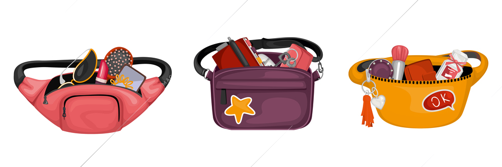 Trendy waist bags accessories set with isolated icons of three wearable bags filled with casual goods vector illustration