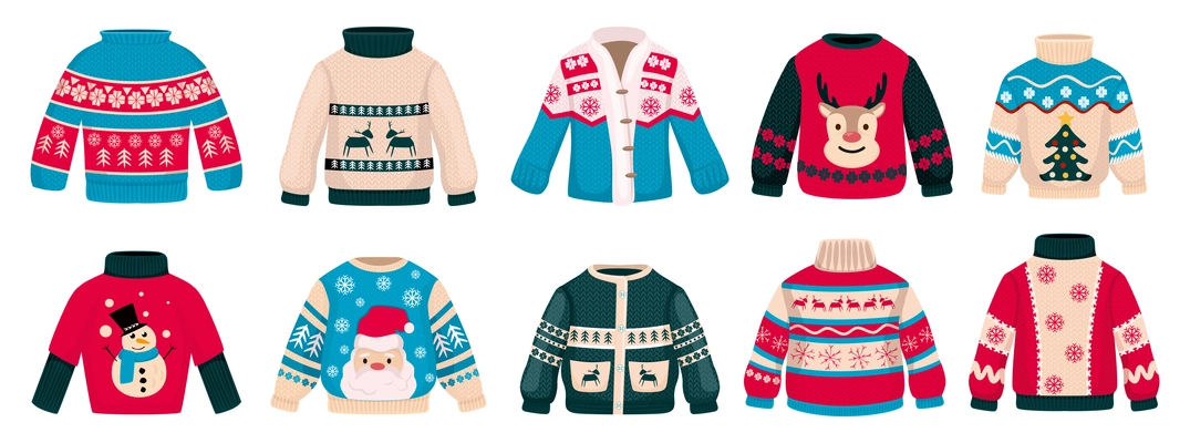 Handmade knitting christmas sweaters colorful set of clothes for adult and children with cute characters of reindeers santa claus and snowman isolated vector illustration