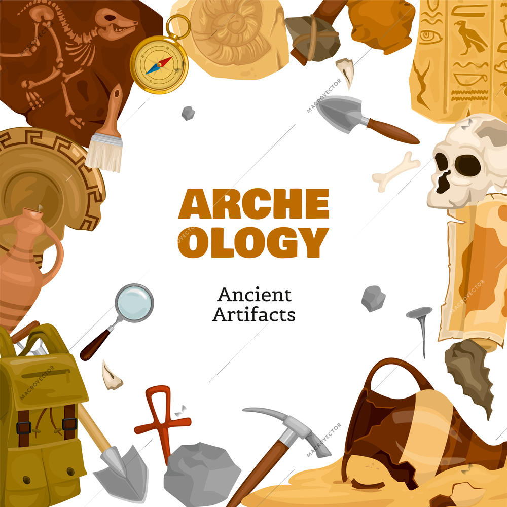 Archeology ancient artifacts frame with composition of ornate text surrounded by icons of findings and tools vector illustration