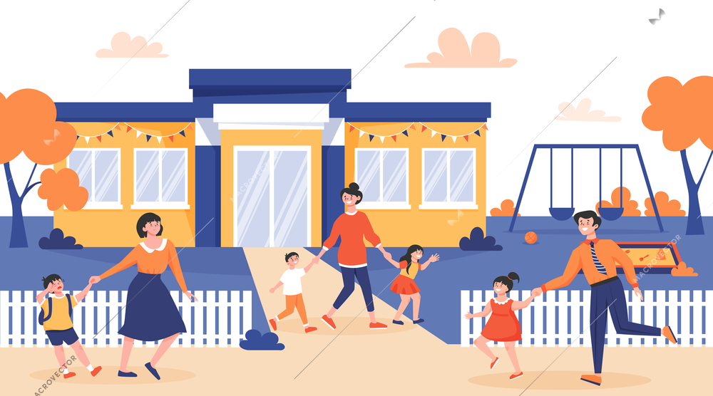 Kindergarten composition of outdoor scenery with building and yard with swing and nursery teachers walking kids vector illustration