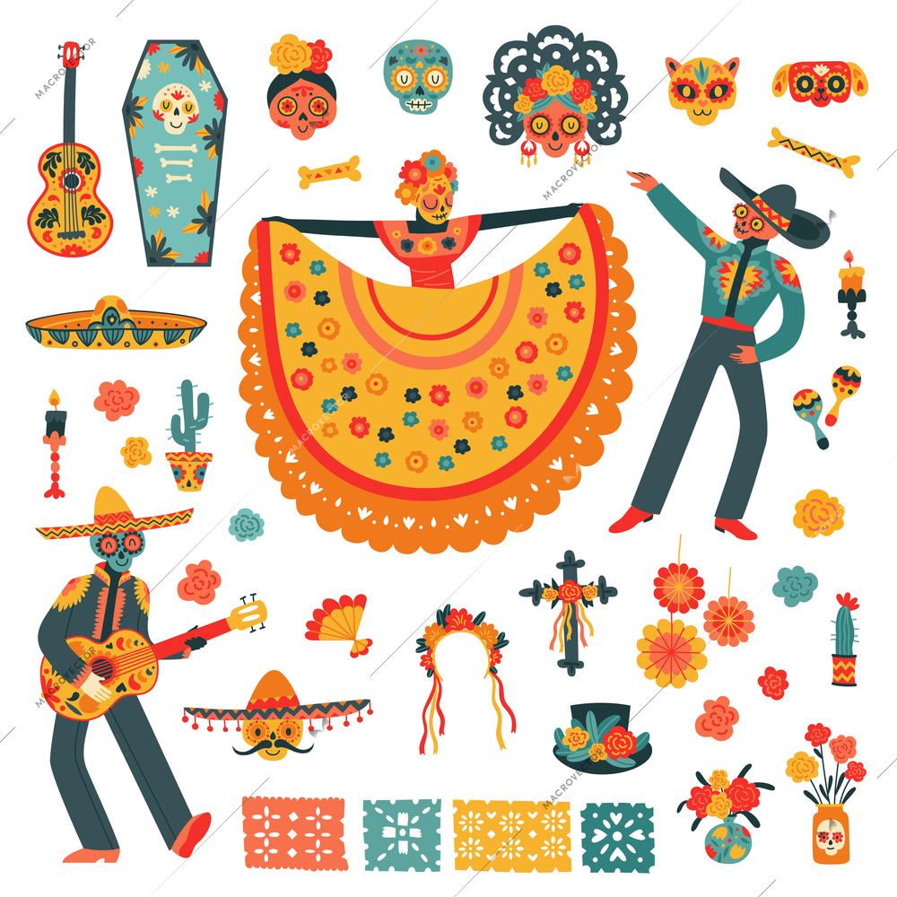 Flat mexican holiday day of dead set with colorful traditional symbols flowers musical instruments and people dancing in masks isolated vector illustration