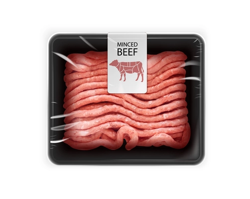 Raw forcemeat packaging in plastic serving tray with marking minced beef realistic mockup vector illustration