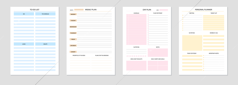 Personal planner template realistic set of daily and weekly planners with place for important notes and tasks isolated vector illustration