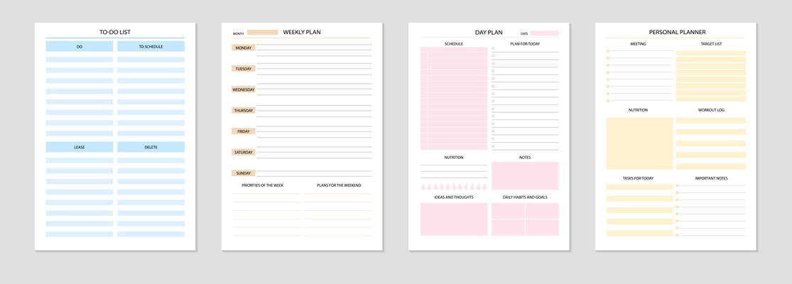 Personal planner template realistic set of daily and weekly planners with place for important notes and tasks isolated vector illustration