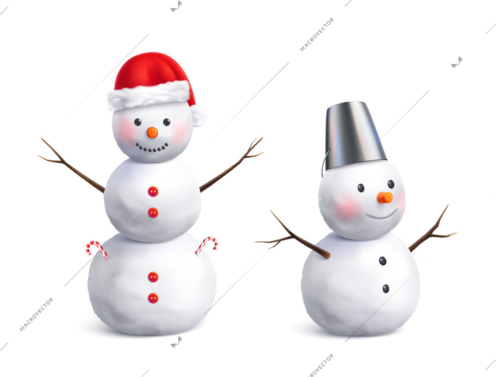 Realistic set with two snow men wearing Christmas hat and bucket isolated vector illustration